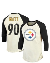Majestic Threads Fanatics Branded Tj Watt Creamblack Pittsburgh Ers Vintage Player Name Number Raglan 34 Sleeve T Shirt