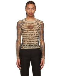 Beige Print Mesh Long Sleeve T-Shirt