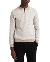River Island Textured Long Sleeve Polo In Ecru At Nordstrom