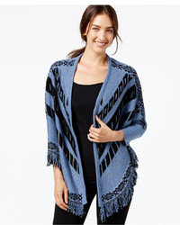 NY Collection Printed Tie Front Poncho Sweater