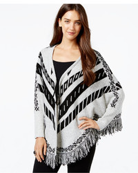 NY Collection Printed Tie Front Poncho Sweater