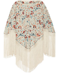 Talitha Sasha Fringed Embroidered Silk Poncho