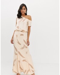 ASOS DESIGN One Shoulder Satin Drape Maxi Dress In Brush Stroke Print