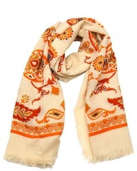 Gucci Beige And Orange Paisley Printed Wool And Silk Scarf