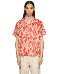DOUBLE RAINBOUU Off White Red Flames Camp Shirt