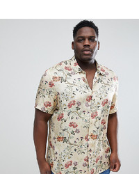 ASOS DESIGN Plus Regular Fit Satin Viscose Shirt With Floral Design In Ecru