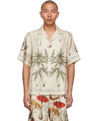 Amiri Beige Silk Botanical Leaves Short Sleeve Shirt