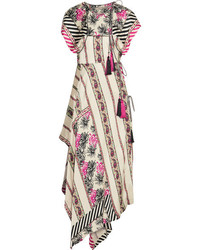 Etro Asymmetric Printed Silk Satin Twill Wrap Dress Beige