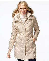 Kenneth Cole Faux Fur Trim Chevron Quilted Down Coat