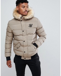 Siksilk Puffer Jacket With Faux Fur Hood In Beige
