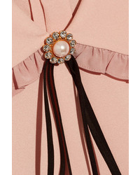 Miu Miu Embellished Ruffled Silk Trimmed Crepe Top Blush