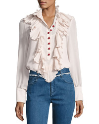 See by Chloe Ruffled Chiffon Long Sleeve Blouse Beige