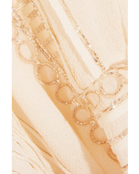 Chloé Metallic Embroidered Ruffled Silk Seersucker Dress Cream