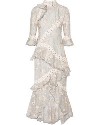Zimmermann Eyelet Trimmed Ruffled Embroidered Silk Organza Midi Dress Ecru