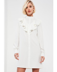 Missguided White High Neck Ruffle Front Long Sleeve Shift Dress