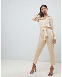 Missguided Satin Utility Jumpsuit In Champagne
