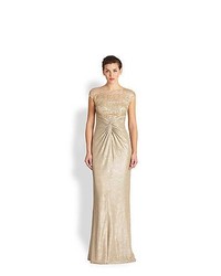 David Meister Sequin Lace Metallic Crepe Gown Gold