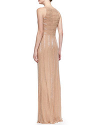 David Meister Signature Cowl Neck Beaded Sequined Gown Nude