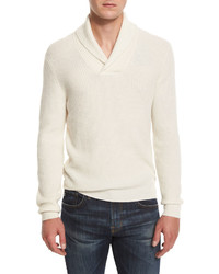 Neiman Marcus Shawl Collar Ribbed Pullover Sweater Vanilla