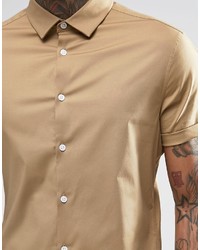 Asos Brand Skinny Shirt In Dark Stone With Short Sleeves