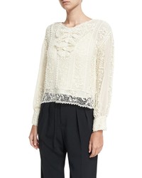 RED Valentino Redvalentino Long Sleeve Crocheted Ribbon Silk Georgette Blouse