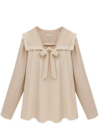Choies Bow Front Wide Lapel Blouse In Beige