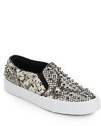 Studded Snake Print Faux Leather Slip On Sneakers