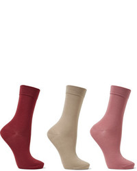 Falke Set Of Three Stretch Cotton Blend Socks Beige