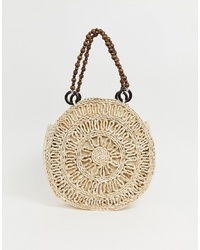 Stradivarius Large Straw Bag With Wooden Handle In Beige