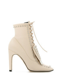 Beige Studded Leather Lace-up Ankle Boots