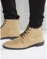 Asos Brogue Boots In Stone Suede With Brown Leather Trims