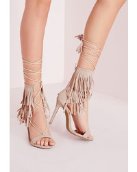 Missguided Fringe Strap Barely There Heeled Sandals Nude