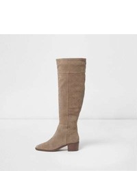 River Island Beige Suede Studded Knee High Suede Boots