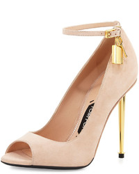 Tom Ford Suede Open Toe Ankle Lock Pump Nude