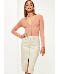 Missguided Cream Faux Suede Tab Detail Front Midi Skirt Cream