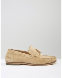 Asos Tassel Loafers In Stone Suede With Fringe And Natural Sole
