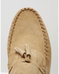 Asos Tassel Loafers In Stone Suede With Fringe And Natural Sole