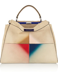 Fendi Peekaboo Large Patent Leather Trimmed Suede Tote Cream