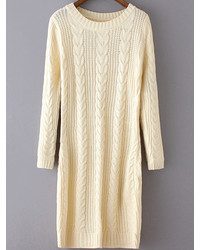 Round Neck Cable Knit Beige Sweater Dress