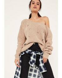 Missguided Nude Distressed Slouch Sweater