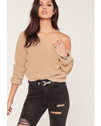 Missguided Off Shoulder Crop Sweater Nude