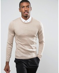 Asos Muscle Fit Merino Wool Sweater In Oatmeal