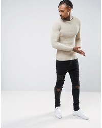 Asos Muscle Fit Ribbed Sweater In Oatmeal