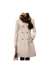 Unique-Bargains Fashion Lady Double Breasted Button Tab Cuff Elegant Trench Coat Beige Xs