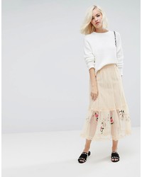 LOST INK Midi Skirt In Mesh With Embroidery