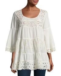 Johnny Was Bell Sleeve Eyelet Tiered Tunic Beige