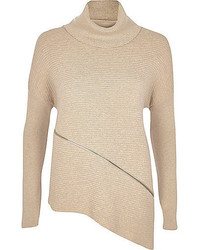 River Island Beige Slouchy Zip Trim Knitted Sweater