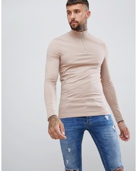 ASOS DESIGN Zip Neck Muscle Fit T Shirt With Long Sleeves In Beige