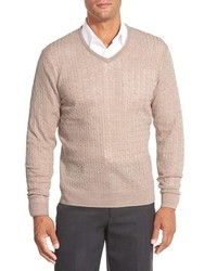 John W. Nordstrom Cable Merino Wool V Neck Sweater