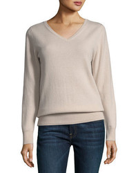 Neiman Marcus Cashmere Collection Relaxed V Neck Cashmere Sweater Plus Size